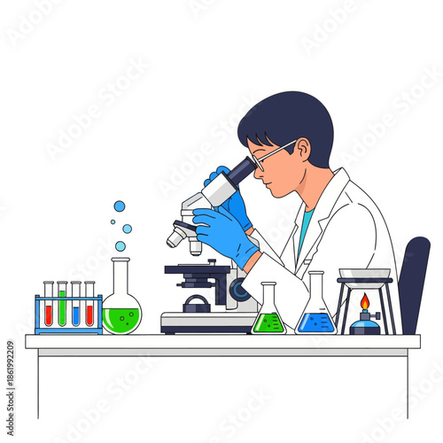 Scientist Examining Sample Under Microscope in Laboratory with Beakers and Test Tubes