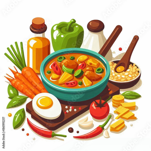 Cartoonstyle food stew egg carrots peppers chilies garlic rice and condiments on a white background