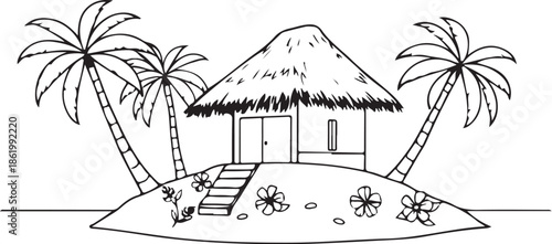 Hut on Paradise Island Hand-drawn Sketch Drawing Vector Illustration, Line Linear Symbol Engraving Coloring Book, Black and White Isolated