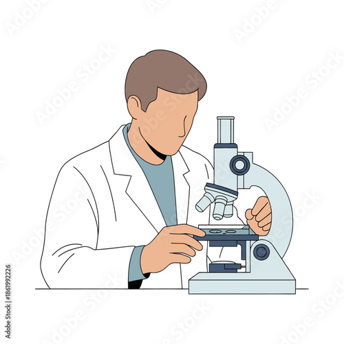 Scientist in lab coat using microscope for research, illustration