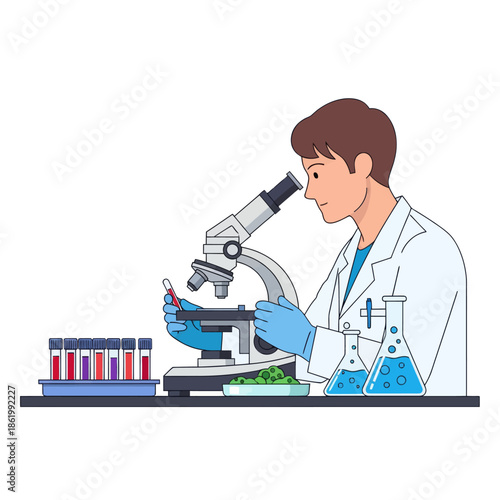 Scientist examining blood sample under microscope, laboratory research, medical science illustration