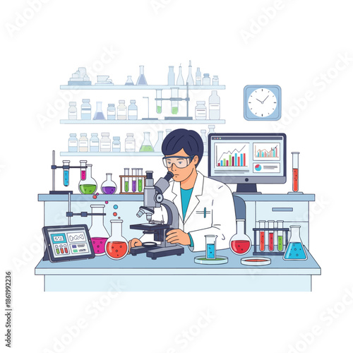 Scientist in Laboratory with Microscope, Flasks, and Computer Data Visualization