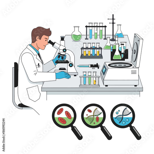 Scientist examining cells and DNA under microscope in laboratory with equipment and samples