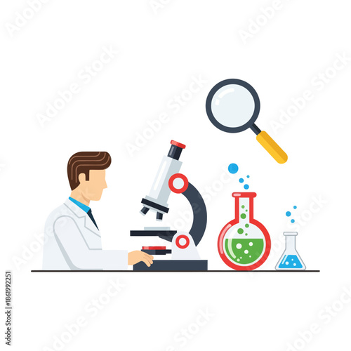 Scientist Working With Microscope and Flasks in Laboratory, Science Research Concept