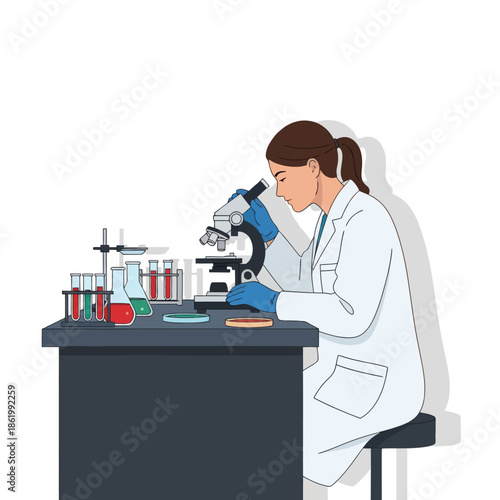 Scientist woman in lab coat using microscope at desk with test tubes and petri dish, research concept