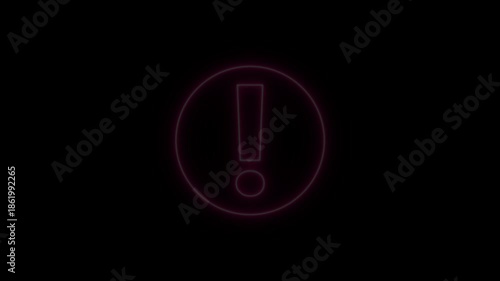 Neon exclamation mark icon glowing pink circle on black background motion graphic animation