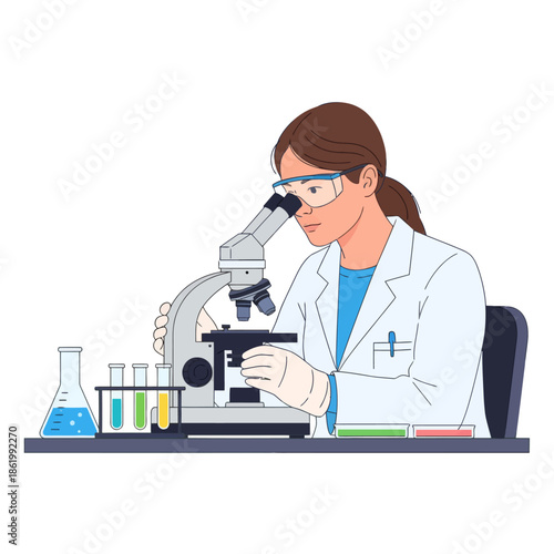 Scientist using microscope in laboratory, examining samples with test tubes and beakers