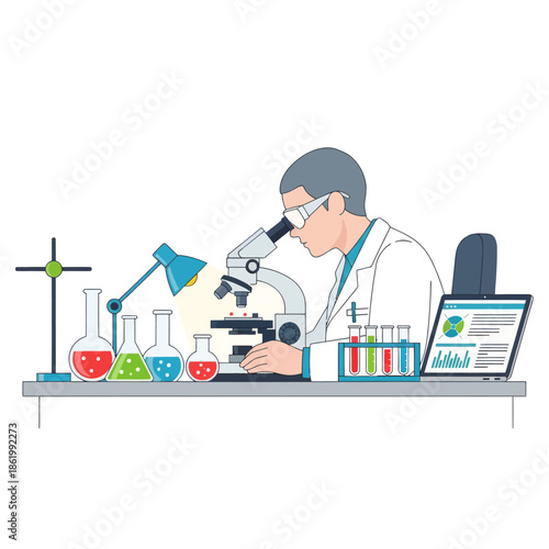 Scientist in Lab Coat Using Microscope, Examining Samples with Scientific Equipment