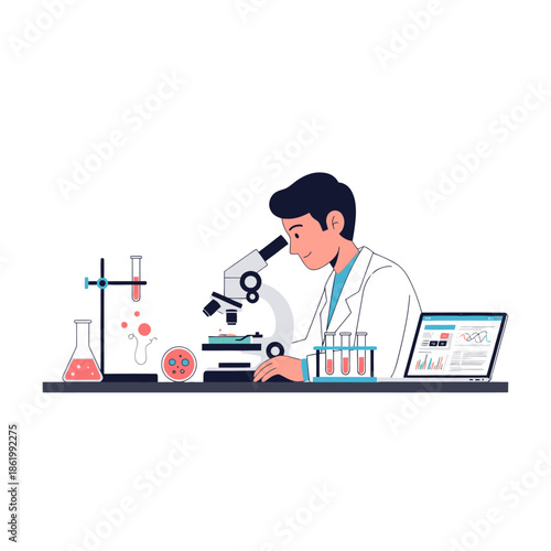 Scientist examining sample under microscope in modern lab with digital data on laptop