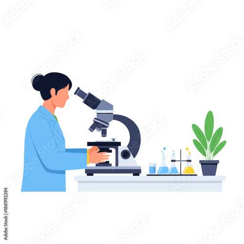 Scientist looking through microscope in laboratory, with test tubes and plants.