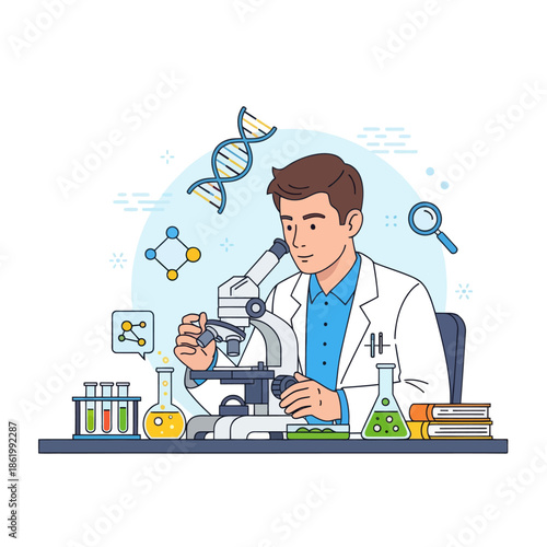 Scientist in Lab Coat Looking Through Microscope with DNA and Molecules