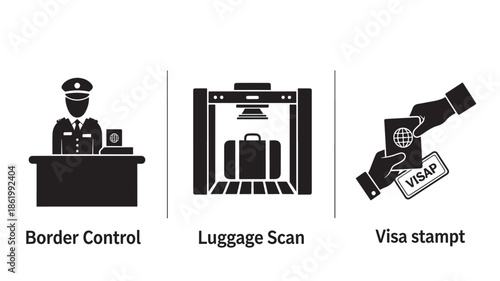 Travel and Immigration Icons in Modern Flat Design with Black and White Color Scheme for Web Graphics