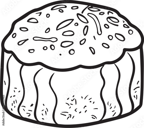Panettone Christmas Easter Bread Hand-drawn Sketch Drawing Vector Illustration, Line Linear Symbol Engraving Coloring Book, Black and White Isolated