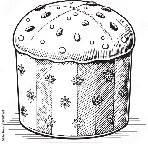 Panettone Christmas Bread Hand-drawn Sketch Drawing Vector Illustration, Line Linear Symbol Engraving Coloring Book, Black and White Isolated