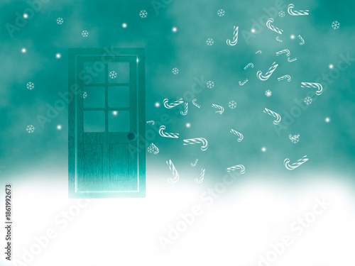 House Front door in Christmas snow storm blue sky