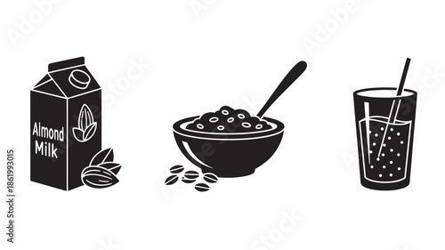 Almond Milk and Cereal in Simple Black and White Illustration for Healthy Breakfast