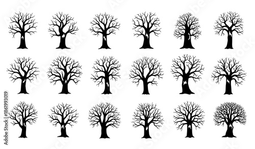 Dead Tree Silhouette Vector Set with Realistic Black Dying Forest Trees