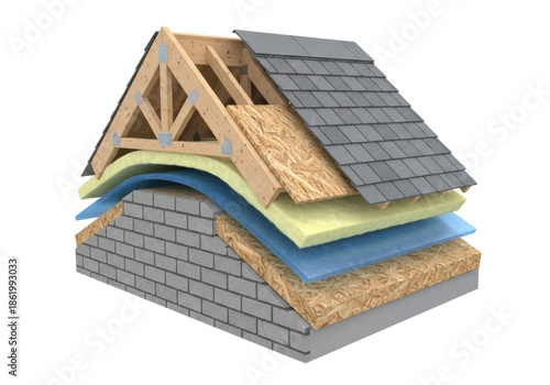 Detailed 3d cross-section diagram of a pitched roof showing wood truss, dense mineral wool insulation, osb, and slate shingles on a white background. Concept for building envelope construction