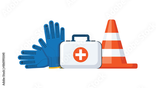 Essential safety equipment including a white first aid kit with a red cross, blue work gloves, and an orange traffic cone, symbolizing workplace safety.
