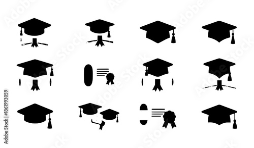 Rounded Graduation Hat and Diploma Icon Set for Education and Student Success