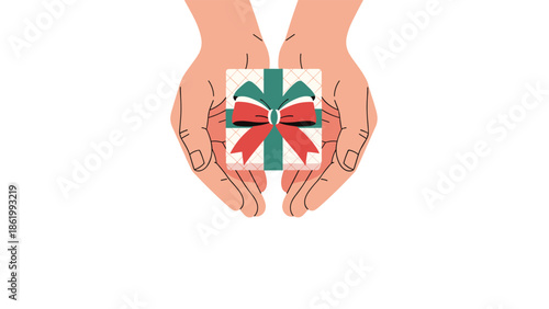 Gentle hands carefully holding a small, beautifully wrapped gift box adorned with a festive red and green bow, symbolizing thoughtfulness and care.
