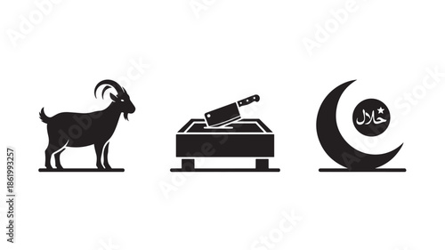 Eid al-Adha Symbols in Simple Silhouette with Dark Gray Color on White Background for Islamic Holiday Greeting