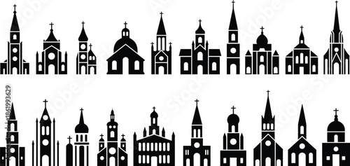 Church building silhouettes set featuring various Christian cathedral and chapel designs, black architecture icons collection for religion, faith, cityscape, and design projects