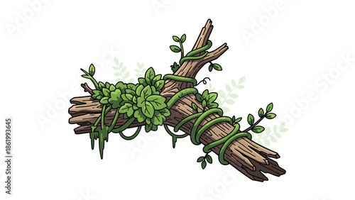 Weathered wooden log shaped like a cross, intricately covered and adorned with vibrant green vines and fresh leaves, symbolizing natural growth and decay.