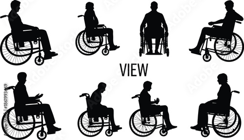 Wheelchair user silhouettes set showing disabled person in different sitting views, black human figure collection for accessibility, healthcare, medical, and inclusive design projects