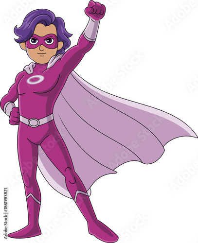 Female superhero cartoon character standing in powerful pose, colorful comic style heroine illustration with cape, mask, and costume for kids design concepts