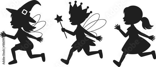 Fairy and witch children silhouettes set showing magical fantasy characters running, black shadow figures collection for kids stories, fairy tales, and creative design