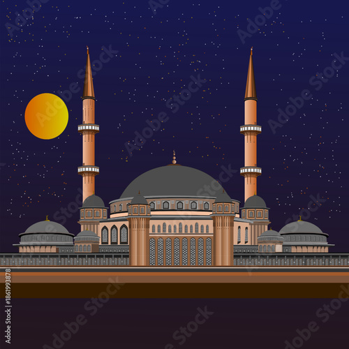 An elegant, futuristic mosque design with sleek domes, clean geometric lines, and sturdy minarets. A minimalist, stylish, and professional illustration suitable for posters and creative projects.