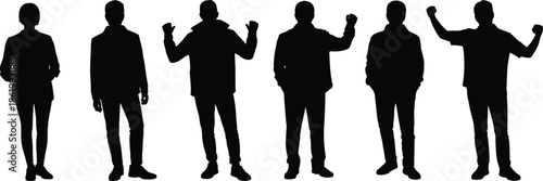 Businessmen silhouettes set showing men in different standing and gesture poses, black shadow figures collection for corporate, leadership, and professional design concepts