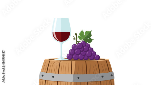 Elegant glass of rich red wine positioned beside a lush bunch of purple grapes, all resting atop a rustic wooden wine barrel.