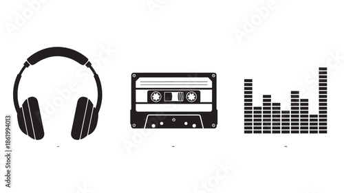 Headphones and Cassette Tape with Sound Waveform in Minimalist Black Silhouette on White Background for Music Industry