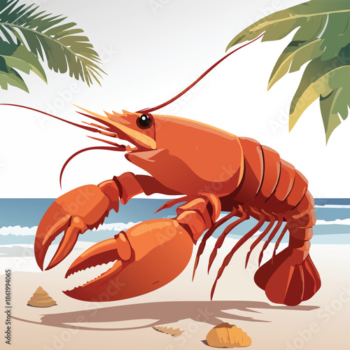 Fresh red lobster served on ice and sandy beach makes a gourmet cooked seafood meal featuring a prepared crustacean shell with large claws