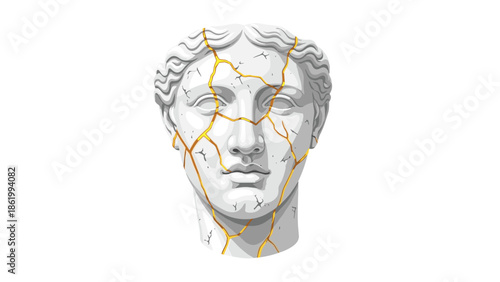 Elegant female marble bust with intricate golden cracks, showcasing the ancient Japanese art of Kintsugi, symbolizing beauty in imperfection and repair.
