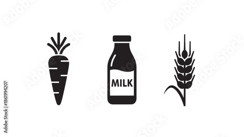 Milk Bottle with Carrot and Wheat in Simple Flat Design for Health and Nutrition