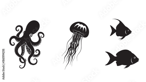 Ocean creatures silhouette in minimalist style with black color on white background for marine life illustration