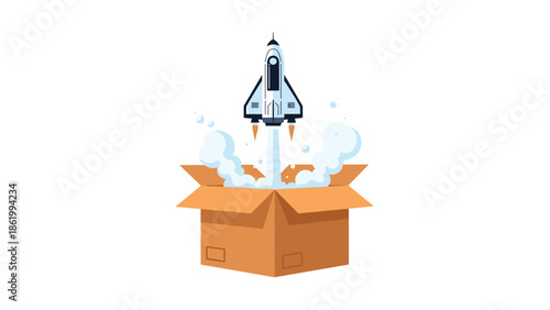 Dynamic space shuttle launching powerfully out of an open cardboard box, symbolizing innovation, progress, the future of technology, and new ventures.
