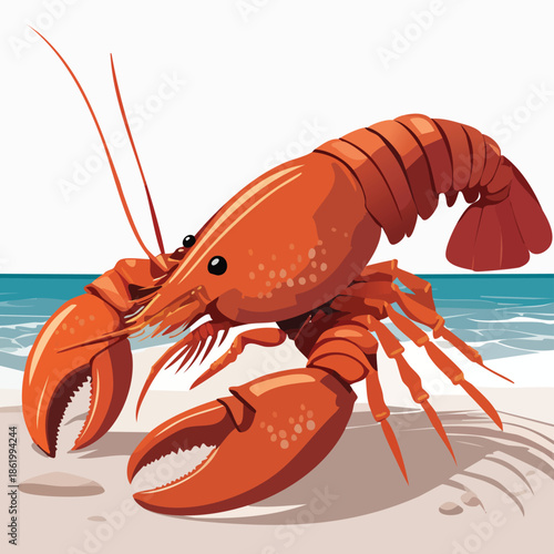 Gourmet cooked red lobster served fresh with lemon on a white plate isolated on a white background as a delicious seafood dinner featuring a boiled crustacean shellfish meal