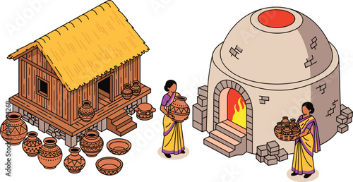 Traditional pottery making scene, women carrying decorated clay pots, kiln fire craft, black vector artwork, cad drawing flat vector illustration