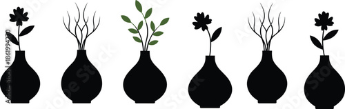 Vase flower icon set, botanical silhouette arrangement, plant stem graphic, black white vector, cad drawing flat vector illustration