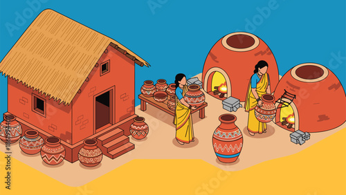 Traditional pottery making scene, women decorating clay pots, kiln fire craft, black vector artwork, cad drawing flat vector illustration