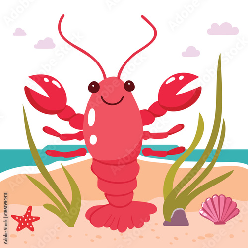 Cute cartoon vector illustration of a red crab, lobster, and shrimp character set featuring funny marine crustaceans and seafood shellfish isolated on white