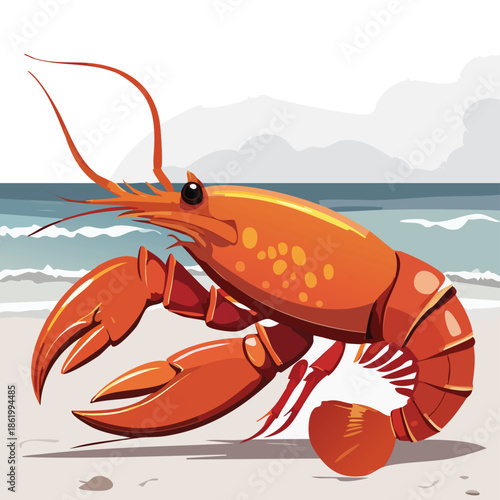 A vibrant red lobster rests on ice and beach sand near the sea, featuring detailed claws and shell textures in a nature-focused marine life illustration of this delicious crustacean seafood