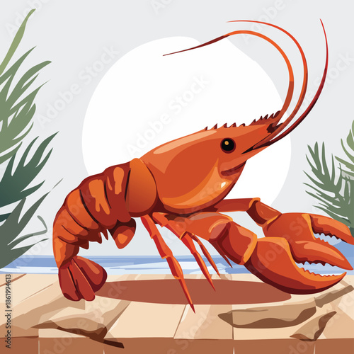 Gourmet red lobster on ice, a plate, and a wooden board presents fresh raw seafood like shrimp and prawns for a closeup nature shot of isolated shellfish crustaceans with a large claw