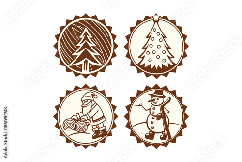 Christmas themed circular icons featuring a tree, santa, and a snowman Vector