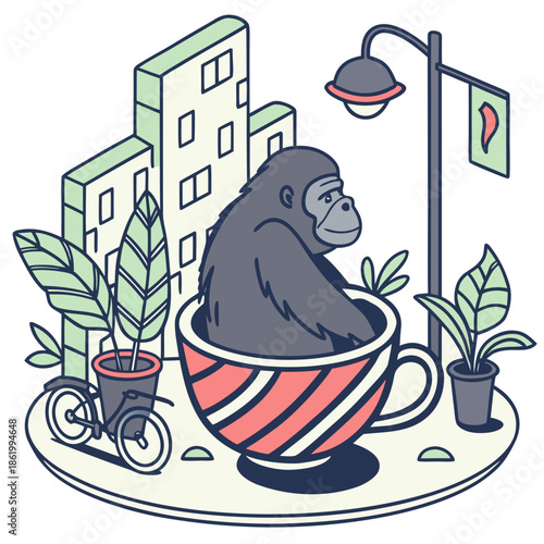 Charming SVG of a Relaxed Gorilla featuring in a teacup, styled in a Urban Jungle theme with Urban Jungle hues