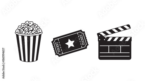 Cinema Essentials in Simple Line Art with Black and White Color Scheme on Plain White Background for Entertainment Industry